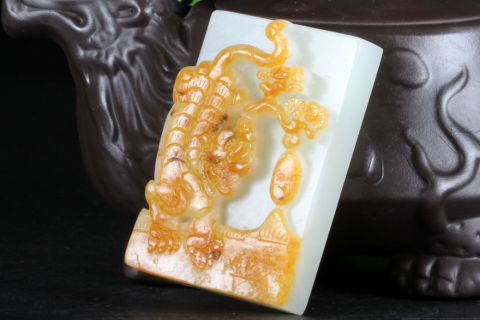 和田玉籽料白玉挂件下山虎53克【天福玉器】