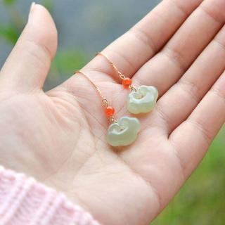 和田玉青玉如意耳坠 14k包金diy女款玉石耳钉耳饰品 简约大气